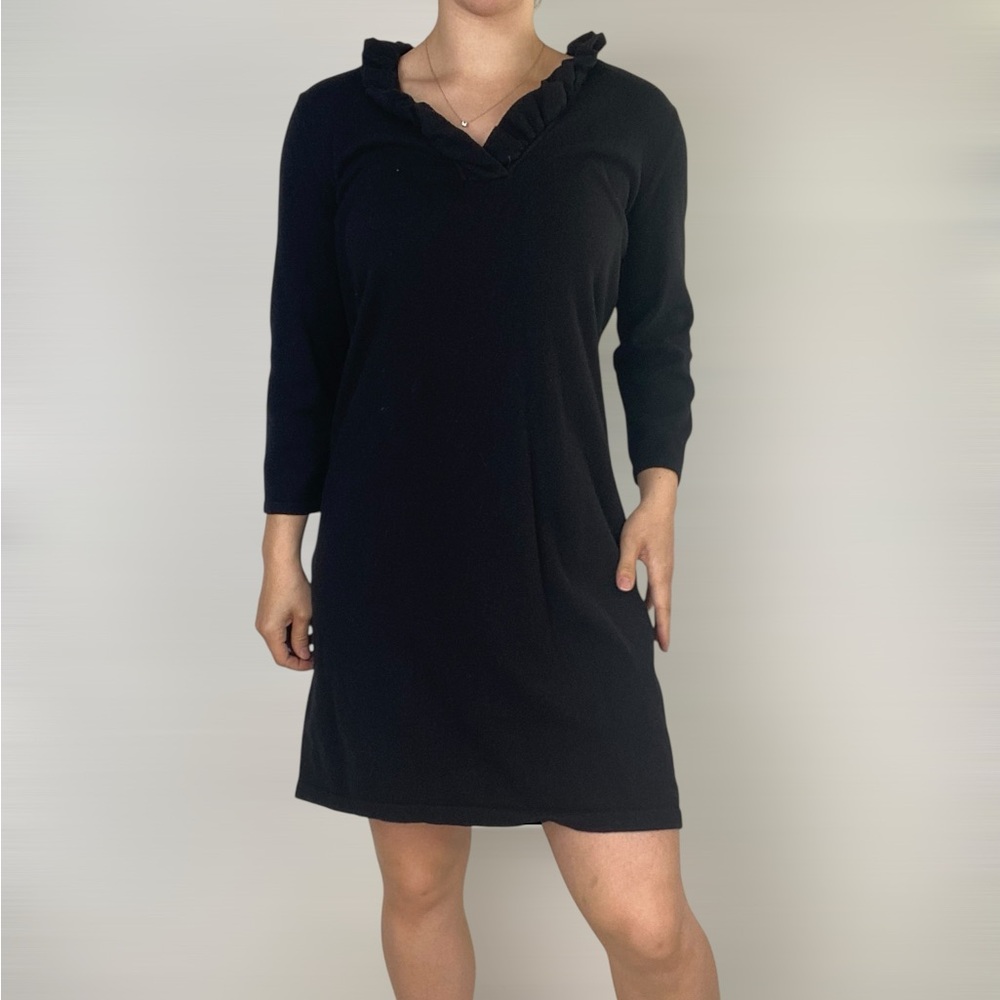 TYLER BOE‎ Knit Sweater Dress Relaxed Black V Neck Ruffle Mini